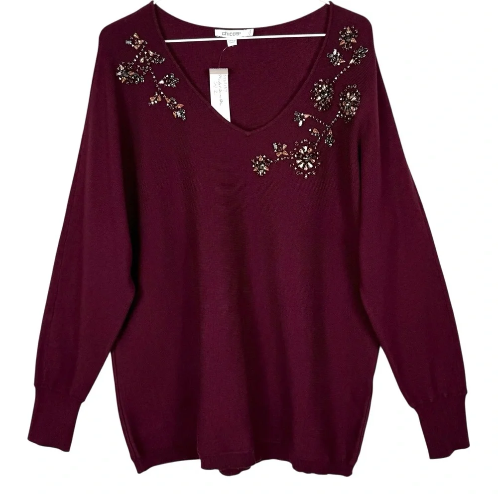 NWT Chico’s Embellished Floral Beaded V-Neck Sweater Size 2 (L) – Plum Purple